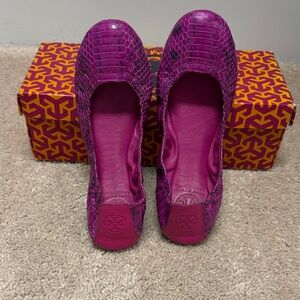 Tory Burch Magenta Snake-Embossed Ballet Flats